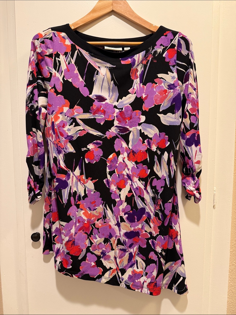 Susan Graver Black Floral 3/4 Sleeve Tunic with Purple & Red Blooms
